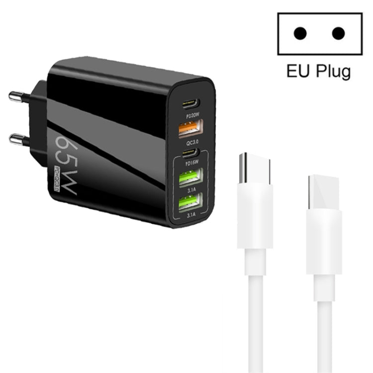 65W Dual PD Typ-C + 3 x USB Multiport-Ladegerät mit 3A Typ-C auf Typ-C Datenkabel, US-Stecker, EU-Stecker + Typ-C auf Typ-C Kabel