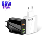 65W Dual PD Typ-C + 3 x USB Multiport-Ladegerät mit 3A Typ-C auf Typ-C Datenkabel, US-Stecker, EU-Stecker + Typ-C auf Typ-C Kabel