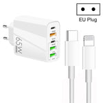 65W Dual-PD-Typ-C- + 3 x USB-Multiport-Ladegerät mit 3A-Typ-C-auf-8-Pin-Datenkabel, EU-Stecker, EU-Stecker + Typ-C-auf-8-Pin-Kabel