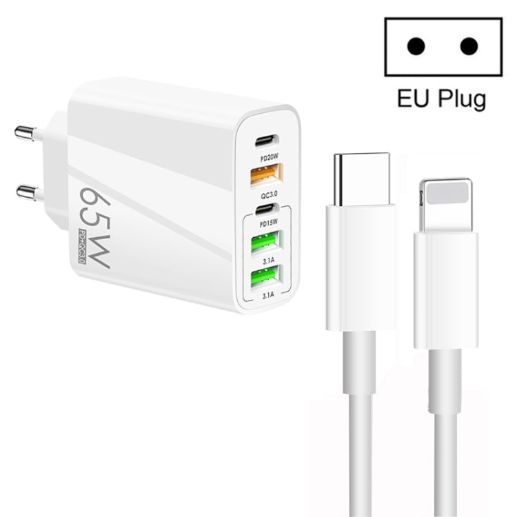 65W Dual-PD-Typ-C- + 3 x USB-Multiport-Ladegerät mit 3A-Typ-C-auf-8-Pin-Datenkabel, EU-Stecker, EU-Stecker + Typ-C-auf-8-Pin-Kabel