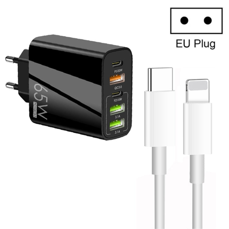 65W Dual-PD-Typ-C- + 3 x USB-Multiport-Ladegerät mit 3A-Typ-C-auf-8-Pin-Datenkabel, EU-Stecker, EU-Stecker + Typ-C-auf-8-Pin-Kabel