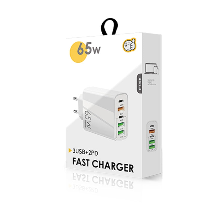65W Dual-PD-Typ-C- + 3 x USB-Multiport-Ladegerät mit 3A-Typ-C-auf-8-Pin-Datenkabel, EU-Stecker, EU-Stecker + Typ-C-auf-8-Pin-Kabel