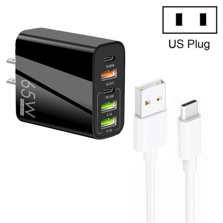 65W Dualer PD Typ-C + 3 x USB Multi-Port-Ladegerät mit 3A USB zu Typ-C Datenkabel, US-Stecker, US-Stecker + USB zu Typ-C Kabel