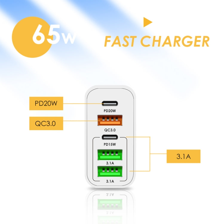 65W Dualer PD Typ-C + 3 x USB Multi-Port-Ladegerät mit 3A USB zu Typ-C Datenkabel, US-Stecker, US-Stecker + USB zu Typ-C Kabel