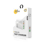 65W Dualer PD Typ-C + 3 x USB Multi-Port-Ladegerät mit 3A USB zu Typ-C Datenkabel, US-Stecker, US-Stecker + USB zu Typ-C Kabel