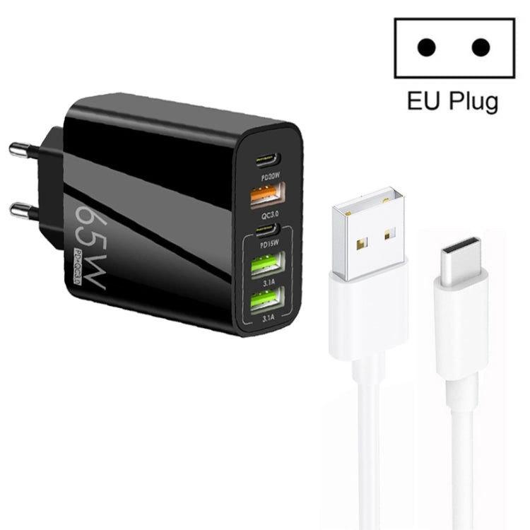 65W Dualer PD Typ-C + 3 x USB Multiport-Ladegerät mit 3A USB zu Typ-C Datenkabel, EU Stecker, EU Stecker + USB zu Typ-C Kabel