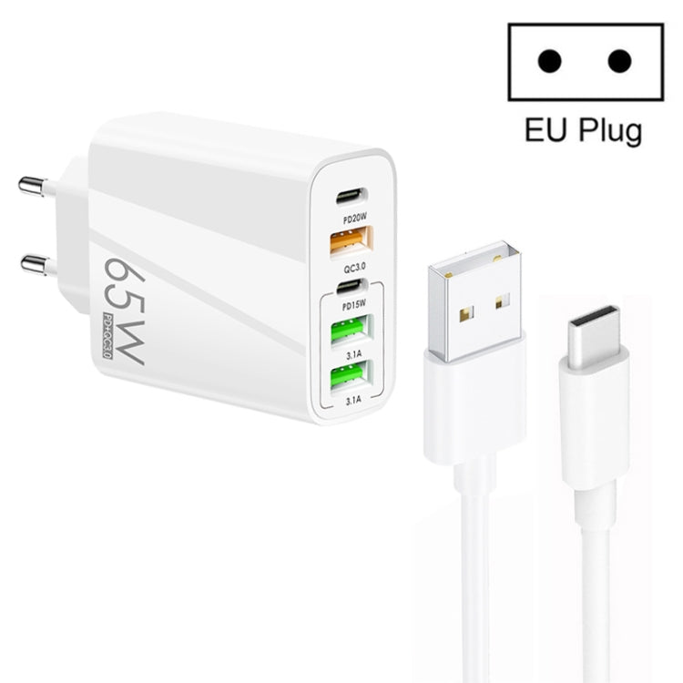 65W Dualer PD Typ-C + 3 x USB Multiport-Ladegerät mit 3A USB zu Typ-C Datenkabel, EU Stecker, EU Stecker + USB zu Typ-C Kabel