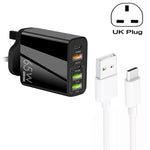 65W Dual-PD-Type-C- + 3-fach-USB-Multiport-Ladegerät mit 3A-USB-zu-Type-C-Datenkabel, UK-Stecker, UK-Stecker + USB-zu-Type-C-Kabel