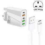 65W Dual-PD-Type-C- + 3-fach-USB-Multiport-Ladegerät mit 3A-USB-zu-Type-C-Datenkabel, UK-Stecker, UK-Stecker + USB-zu-Type-C-Kabel