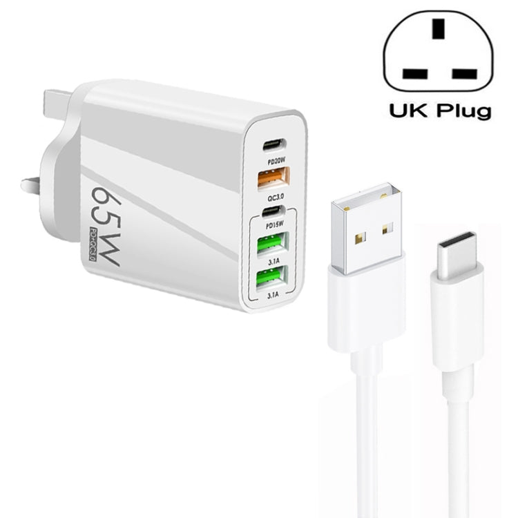 65W Dual-PD-Type-C- + 3-fach-USB-Multiport-Ladegerät mit 3A-USB-zu-Type-C-Datenkabel, UK-Stecker, UK-Stecker + USB-zu-Type-C-Kabel
