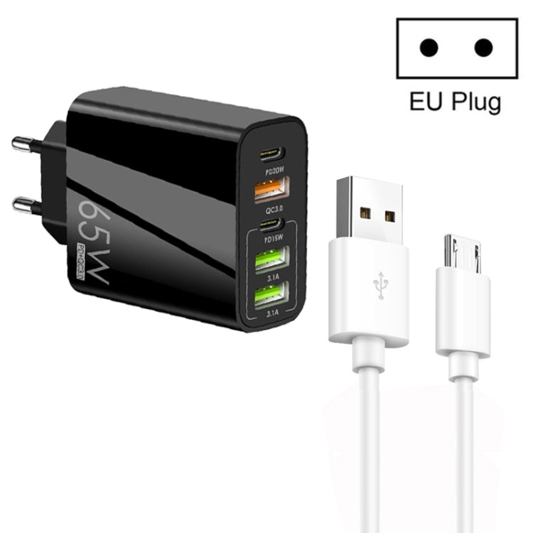65W Dual-PD-Type-C- + 3 x USB-Multiport-Ladegerät mit 3A-USB-zu-Micro-USB-Datenkabel, EU-Stecker, EU-Stecker + USB-zu-Micro-USB-Kabel