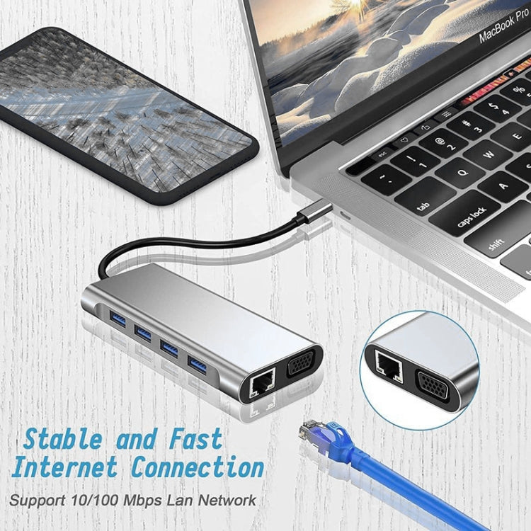 USB-C HUB, USB-C Adapter 11 in 1 Dongle mit 4K HDMI, VGA, Typ C PD, USB3.0, RJ45 Ethernet, SD/TF Kartenleser, 3,5 mm AUX, Dockingstation kompatibel mit MacBook Pro/Air, anderen Typ C Laptops und Geräten