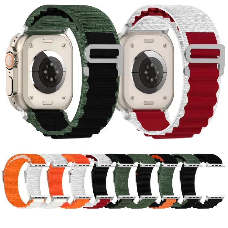 Zweifarbiges Nylon-Uhrenarmband, passend für Apple Watch Ultra (49 mm), Apple Watch Series 8 &amp; 7 (45 mm), SE 2 &amp; 6, SE, 5 &amp; 4 (44 mm) und Apple Watch Series 8 &amp; 7 (41 mm), SE 2 &amp; 6, SE, 5 &amp; 4 (40 mm).