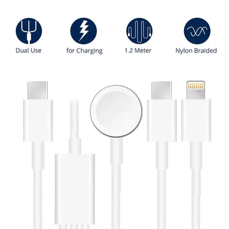 Für Apple Watch Series &amp; iPhone mit Dual-Typ-C-Anschluss, 3-in-1-USB-Magnetladekabel, 1,2 m (4 Fuß), DS-XB020