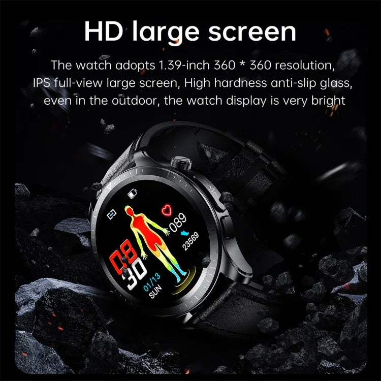 E420 Smartwatch mit 1,39-Zoll-Farbdisplay, Lederarmband, unterstützt Herzfrequenz- und Blutdruckmessung