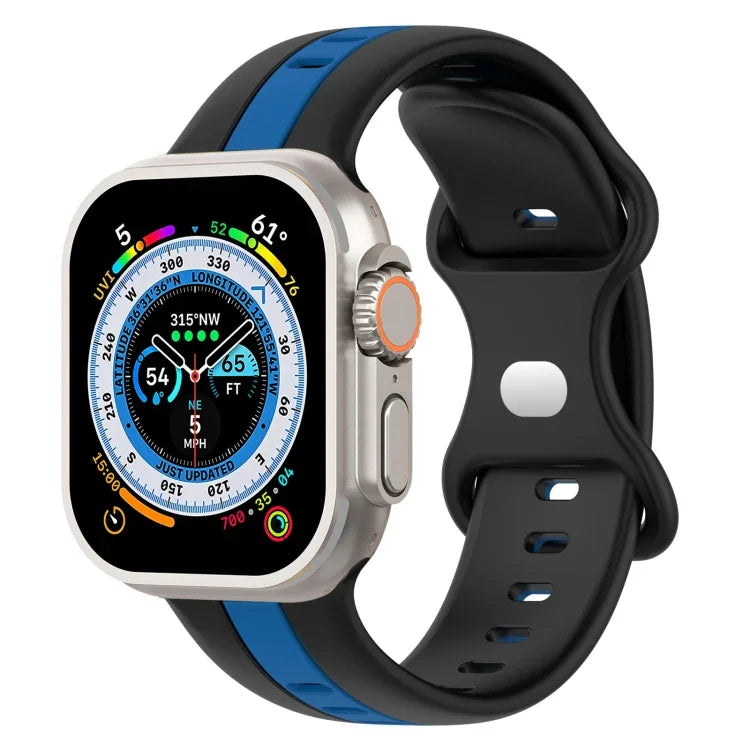 Zweifarbiges Silikonarmband mit Schmetterlingsverschluss, passend für Apple Watch Ultra (49 mm), Apple Watch Series 8 &amp; 7 (45 mm) und Apple Watch Series 8 &amp; 7 (41 mm).