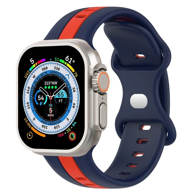 Zweifarbiges Silikonarmband mit Schmetterlingsverschluss, passend für Apple Watch Ultra (49 mm), Apple Watch Series 8 &amp; 7 (45 mm) und Apple Watch Series 8 &amp; 7 (41 mm).