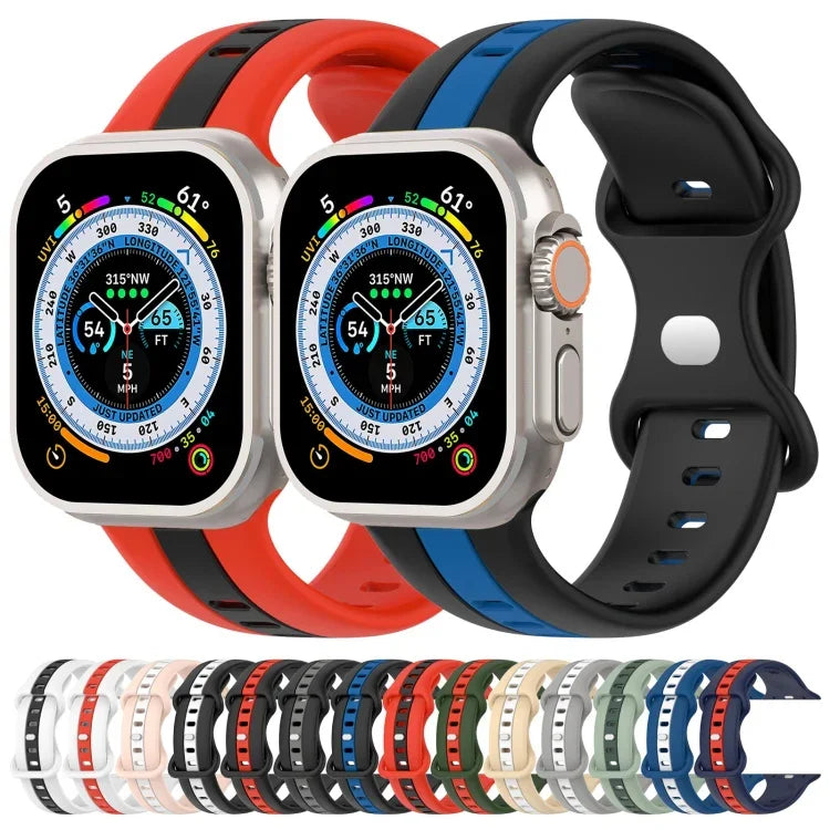 Zweifarbiges Silikonarmband mit Schmetterlingsverschluss, passend für Apple Watch Ultra (49 mm), Apple Watch Series 8 &amp; 7 (45 mm) und Apple Watch Series 8 &amp; 7 (41 mm).
