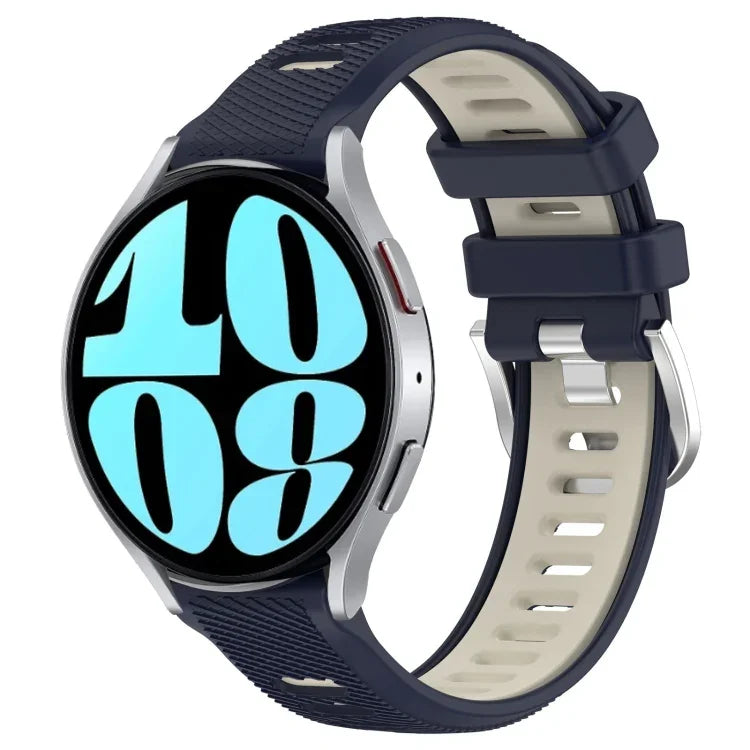 20 mm Sportliches zweifarbiges Silikonarmband mit Stahlschließe, passend für Samsung Galaxy Watch 6 (40 mm) und Samsung Galaxy Watch 6 Classic (43 mm).