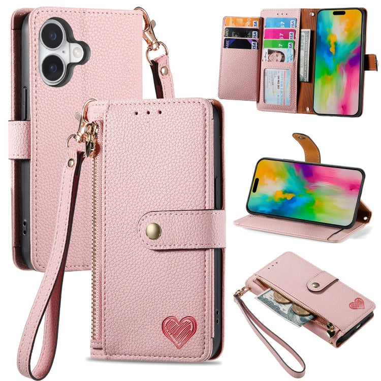 Liebes-Reißverschluss-Lanyard-Leder-Handyhülle, für iPhone 17e / 16e, für iPhone 17 Pro Max, für iPhone 17 Pro, für iPhone 17, für iPhone Air, für iPhone 16 Pro Max, für iPhone 16 Pro, für iPhone 16 Plus