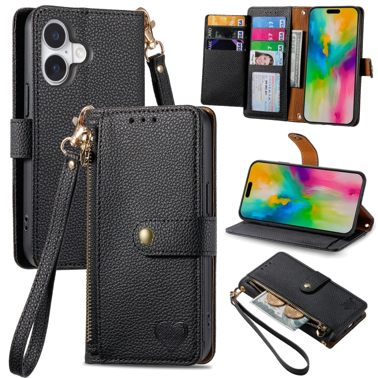 Liebes-Reißverschluss-Lanyard-Leder-Handyhülle, für iPhone 17e / 16e, für iPhone 17 Pro Max, für iPhone 17 Pro, für iPhone 17, für iPhone Air, für iPhone 16 Pro Max, für iPhone 16 Pro, für iPhone 16 Plus