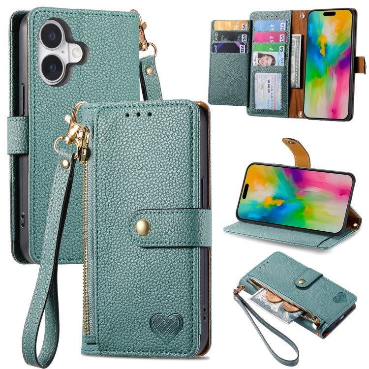 Liebes-Reißverschluss-Lanyard-Leder-Handyhülle, für iPhone 17e / 16e, für iPhone 17 Pro Max, für iPhone 17 Pro, für iPhone 17, für iPhone Air, für iPhone 16 Pro Max, für iPhone 16 Pro, für iPhone 16 Plus