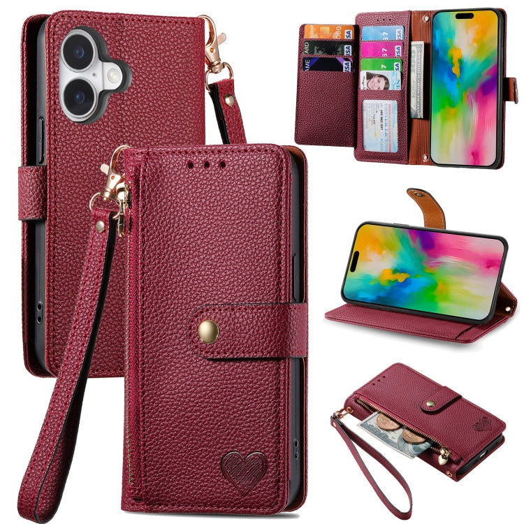 Liebes-Reißverschluss-Lanyard-Leder-Handyhülle, für iPhone 17e / 16e, für iPhone 17 Pro Max, für iPhone 17 Pro, für iPhone 17, für iPhone Air, für iPhone 16 Pro Max, für iPhone 16 Pro, für iPhone 16 Plus