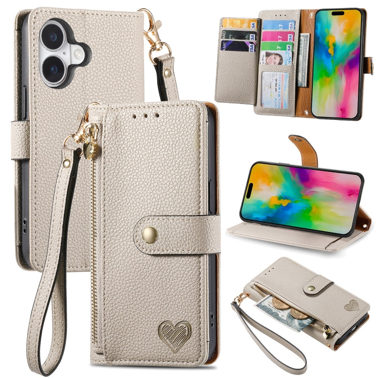 Liebes-Reißverschluss-Lanyard-Leder-Handyhülle, für iPhone 17e / 16e, für iPhone 17 Pro Max, für iPhone 17 Pro, für iPhone 17, für iPhone Air, für iPhone 16 Pro Max, für iPhone 16 Pro, für iPhone 16 Plus