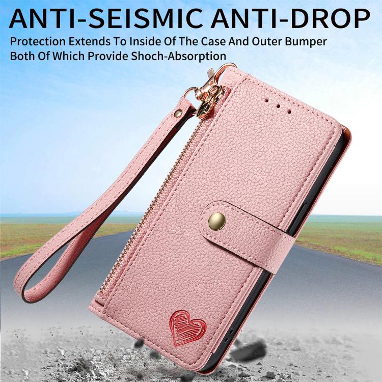 Liebes-Reißverschluss-Lanyard-Leder-Handyhülle, für iPhone 17e / 16e, für iPhone 17 Pro Max, für iPhone 17 Pro, für iPhone 17, für iPhone Air, für iPhone 16 Pro Max, für iPhone 16 Pro, für iPhone 16 Plus