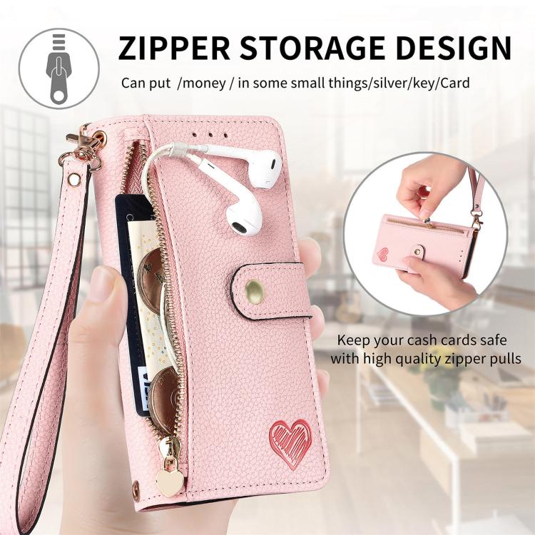Liebes-Reißverschluss-Lanyard-Leder-Handyhülle, für iPhone 17e / 16e, für iPhone 17 Pro Max, für iPhone 17 Pro, für iPhone 17, für iPhone Air, für iPhone 16 Pro Max, für iPhone 16 Pro, für iPhone 16 Plus