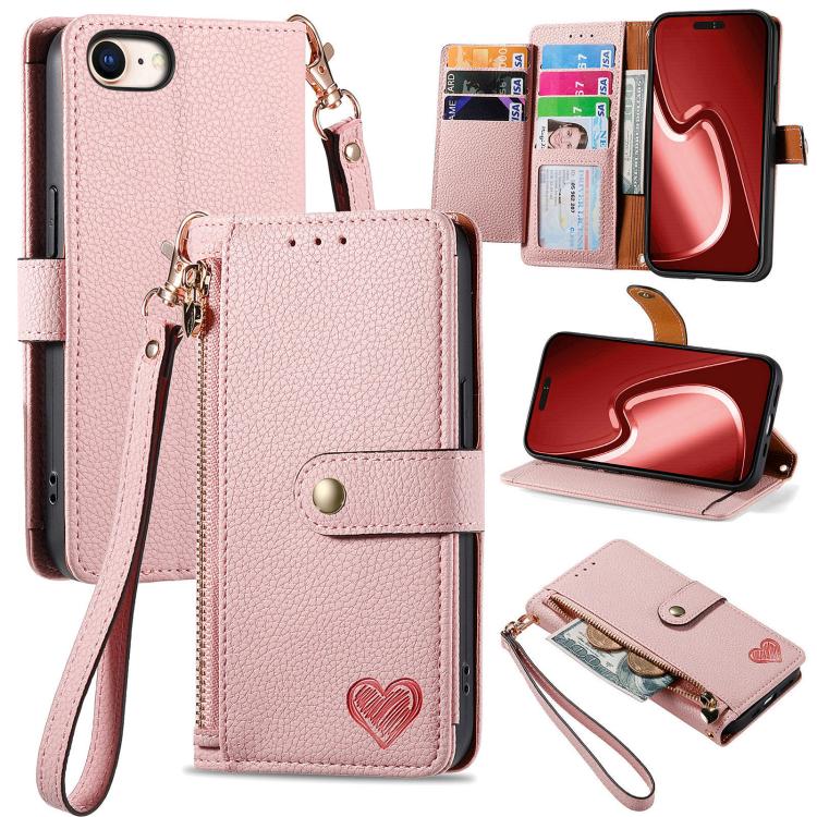 Liebes-Reißverschluss-Lanyard-Leder-Handyhülle, für iPhone 17e / 16e, für iPhone 17 Pro Max, für iPhone 17 Pro, für iPhone 17, für iPhone Air, für iPhone 16 Pro Max, für iPhone 16 Pro, für iPhone 16 Plus