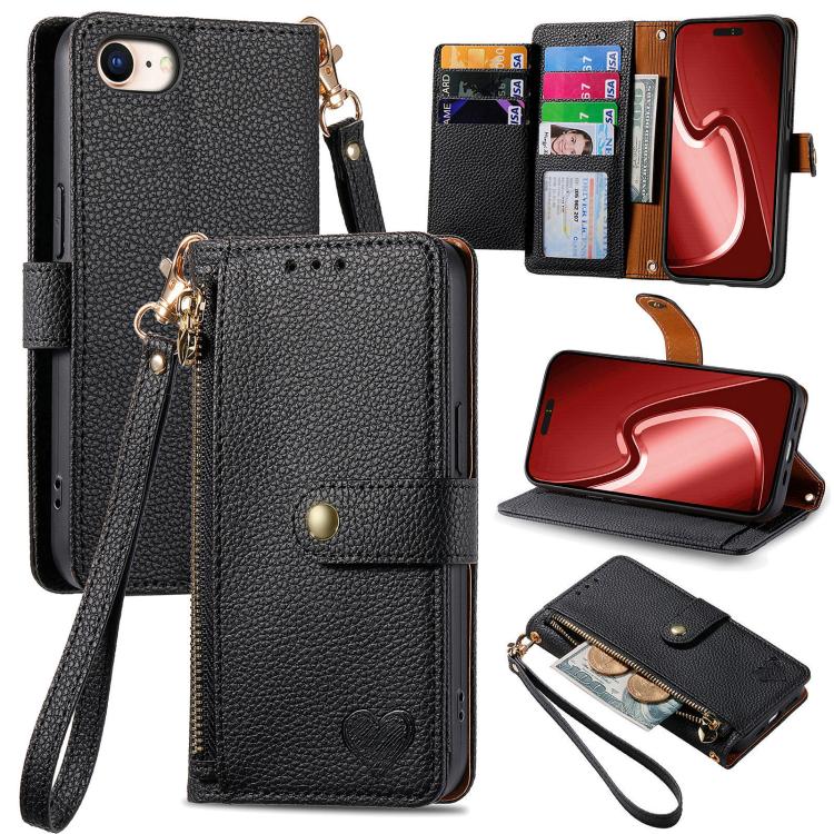 Liebes-Reißverschluss-Lanyard-Leder-Handyhülle, für iPhone 17e / 16e, für iPhone 17 Pro Max, für iPhone 17 Pro, für iPhone 17, für iPhone Air, für iPhone 16 Pro Max, für iPhone 16 Pro, für iPhone 16 Plus