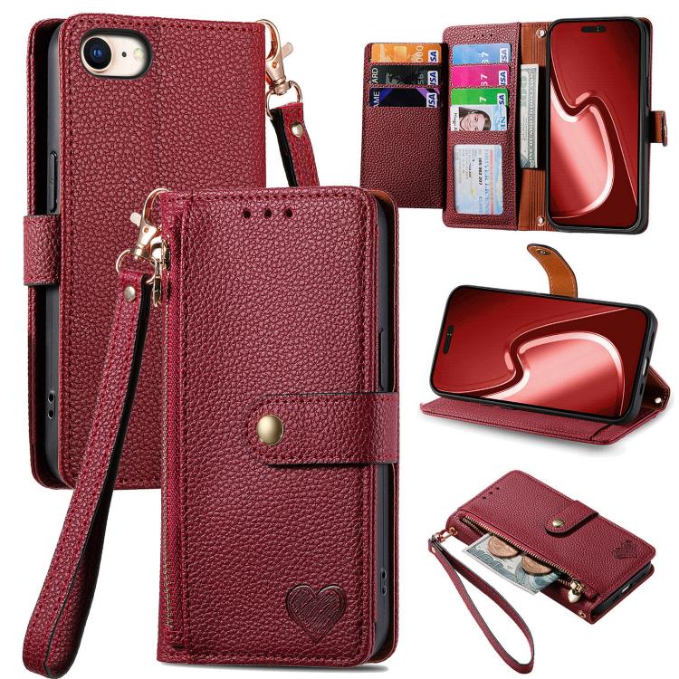 Liebes-Reißverschluss-Lanyard-Leder-Handyhülle, für iPhone 17e / 16e, für iPhone 17 Pro Max, für iPhone 17 Pro, für iPhone 17, für iPhone Air, für iPhone 16 Pro Max, für iPhone 16 Pro, für iPhone 16 Plus