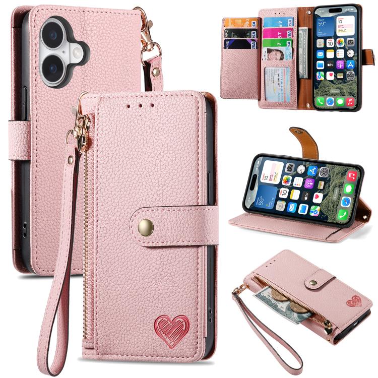Liebes-Reißverschluss-Lanyard-Leder-Handyhülle, für iPhone 17e / 16e, für iPhone 17 Pro Max, für iPhone 17 Pro, für iPhone 17, für iPhone Air, für iPhone 16 Pro Max, für iPhone 16 Pro, für iPhone 16 Plus