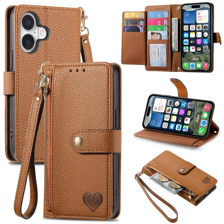 Liebes-Reißverschluss-Lanyard-Leder-Handyhülle, für iPhone 17e / 16e, für iPhone 17 Pro Max, für iPhone 17 Pro, für iPhone 17, für iPhone Air, für iPhone 16 Pro Max, für iPhone 16 Pro, für iPhone 16 Plus