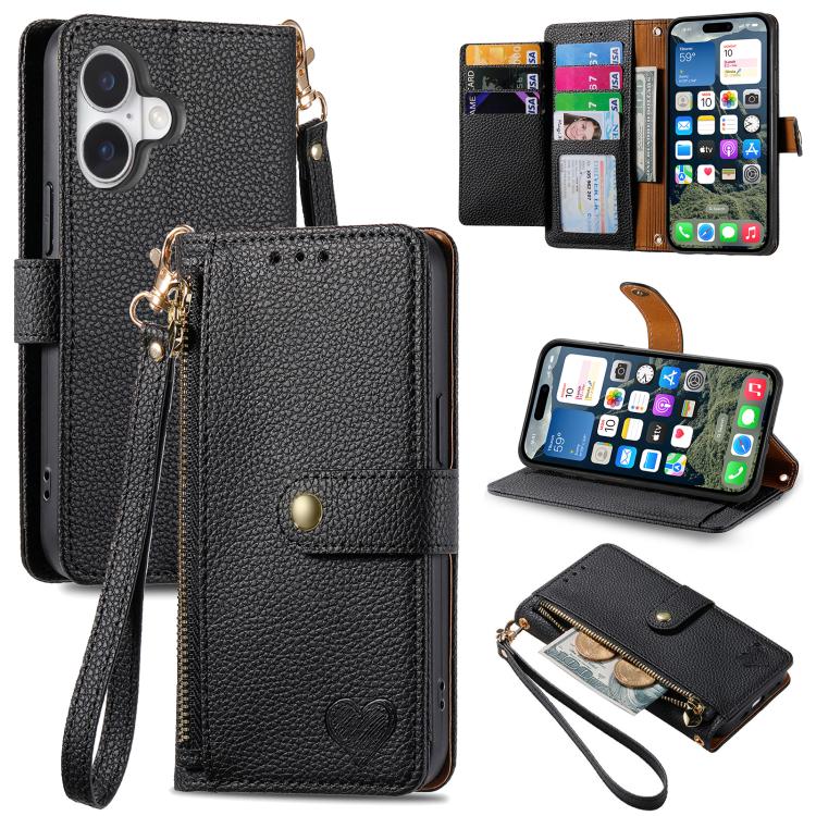 Liebes-Reißverschluss-Lanyard-Leder-Handyhülle, für iPhone 17e / 16e, für iPhone 17 Pro Max, für iPhone 17 Pro, für iPhone 17, für iPhone Air, für iPhone 16 Pro Max, für iPhone 16 Pro, für iPhone 16 Plus