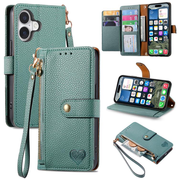 Liebes-Reißverschluss-Lanyard-Leder-Handyhülle, für iPhone 17e / 16e, für iPhone 17 Pro Max, für iPhone 17 Pro, für iPhone 17, für iPhone Air, für iPhone 16 Pro Max, für iPhone 16 Pro, für iPhone 16 Plus