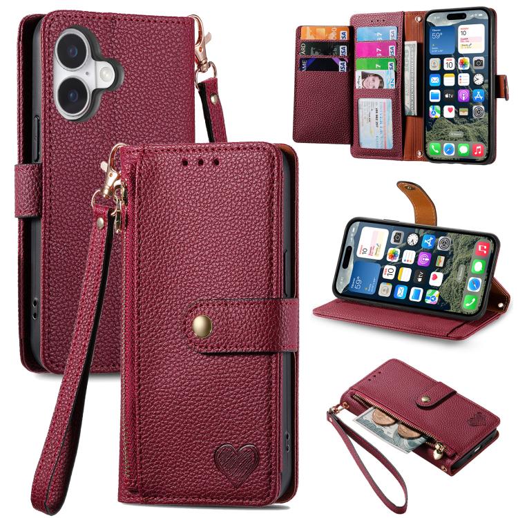 Liebes-Reißverschluss-Lanyard-Leder-Handyhülle, für iPhone 17e / 16e, für iPhone 17 Pro Max, für iPhone 17 Pro, für iPhone 17, für iPhone Air, für iPhone 16 Pro Max, für iPhone 16 Pro, für iPhone 16 Plus