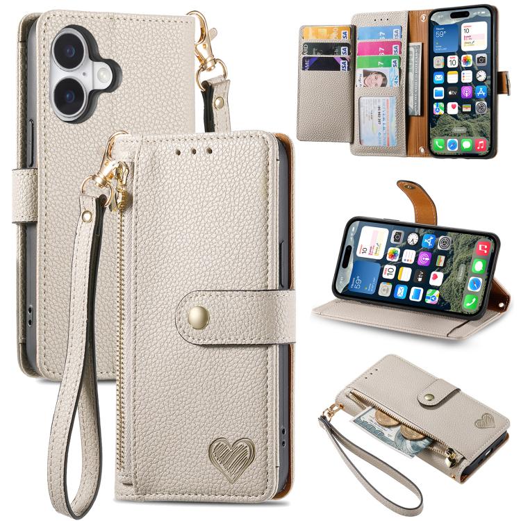 Liebes-Reißverschluss-Lanyard-Leder-Handyhülle, für iPhone 17e / 16e, für iPhone 17 Pro Max, für iPhone 17 Pro, für iPhone 17, für iPhone Air, für iPhone 16 Pro Max, für iPhone 16 Pro, für iPhone 16 Plus