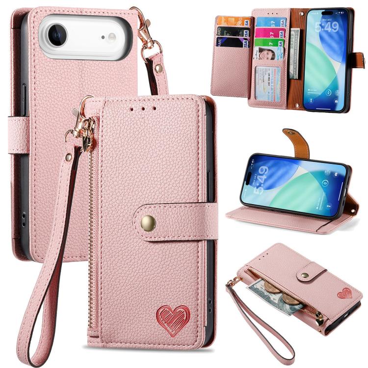 Liebes-Reißverschluss-Lanyard-Leder-Handyhülle, für iPhone 17e / 16e, für iPhone 17 Pro Max, für iPhone 17 Pro, für iPhone 17, für iPhone Air, für iPhone 16 Pro Max, für iPhone 16 Pro, für iPhone 16 Plus