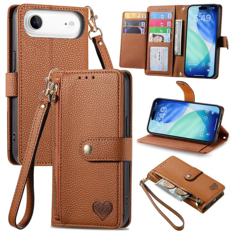 Liebes-Reißverschluss-Lanyard-Leder-Handyhülle, für iPhone 17e / 16e, für iPhone 17 Pro Max, für iPhone 17 Pro, für iPhone 17, für iPhone Air, für iPhone 16 Pro Max, für iPhone 16 Pro, für iPhone 16 Plus
