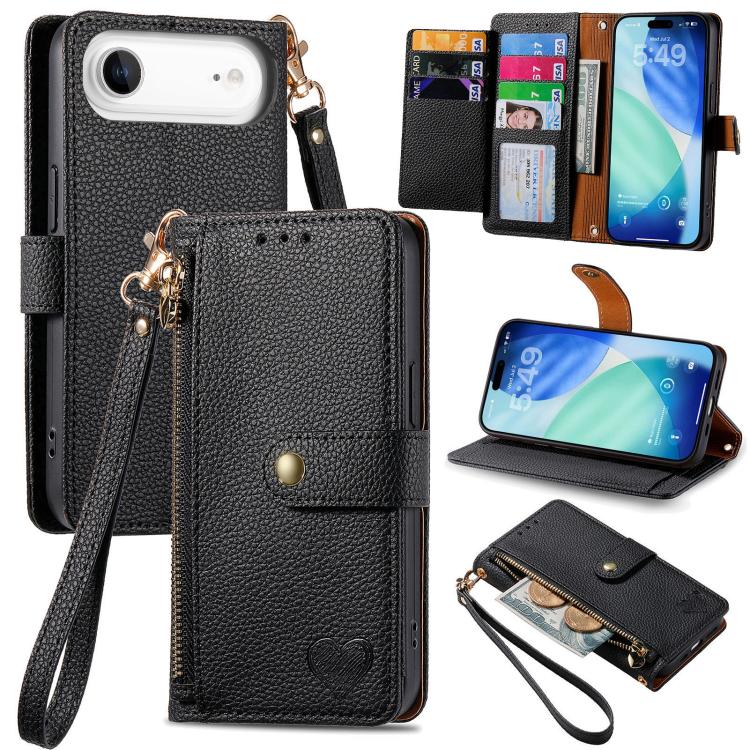 Liebes-Reißverschluss-Lanyard-Leder-Handyhülle, für iPhone 17e / 16e, für iPhone 17 Pro Max, für iPhone 17 Pro, für iPhone 17, für iPhone Air, für iPhone 16 Pro Max, für iPhone 16 Pro, für iPhone 16 Plus