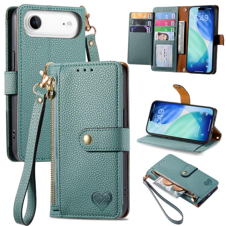 Liebes-Reißverschluss-Lanyard-Leder-Handyhülle, für iPhone 17e / 16e, für iPhone 17 Pro Max, für iPhone 17 Pro, für iPhone 17, für iPhone Air, für iPhone 16 Pro Max, für iPhone 16 Pro, für iPhone 16 Plus