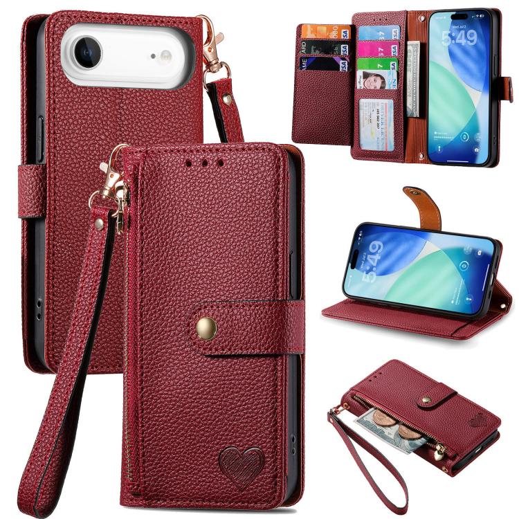 Liebes-Reißverschluss-Lanyard-Leder-Handyhülle, für iPhone 17e / 16e, für iPhone 17 Pro Max, für iPhone 17 Pro, für iPhone 17, für iPhone Air, für iPhone 16 Pro Max, für iPhone 16 Pro, für iPhone 16 Plus