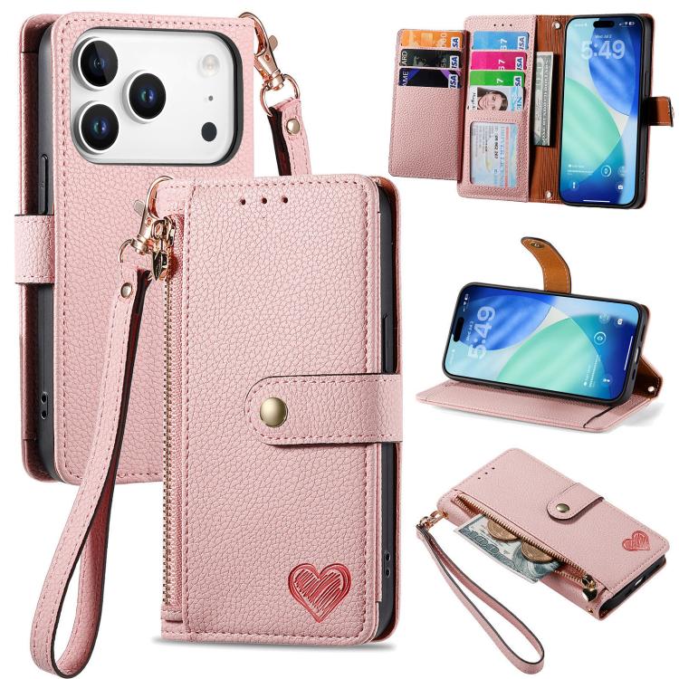 Liebes-Reißverschluss-Lanyard-Leder-Handyhülle, für iPhone 17e / 16e, für iPhone 17 Pro Max, für iPhone 17 Pro, für iPhone 17, für iPhone Air, für iPhone 16 Pro Max, für iPhone 16 Pro, für iPhone 16 Plus