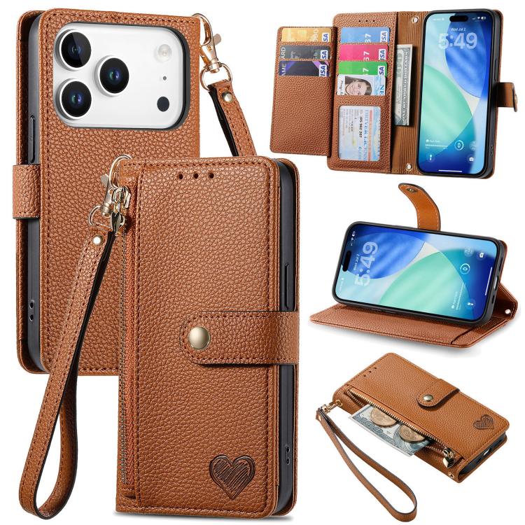 Liebes-Reißverschluss-Lanyard-Leder-Handyhülle, für iPhone 17e / 16e, für iPhone 17 Pro Max, für iPhone 17 Pro, für iPhone 17, für iPhone Air, für iPhone 16 Pro Max, für iPhone 16 Pro, für iPhone 16 Plus