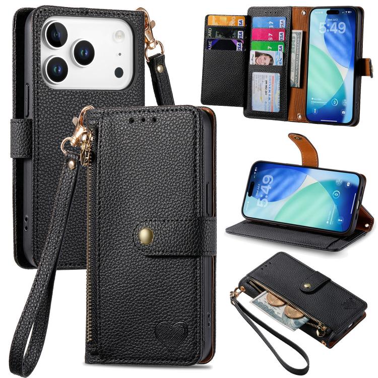 Liebes-Reißverschluss-Lanyard-Leder-Handyhülle, für iPhone 17e / 16e, für iPhone 17 Pro Max, für iPhone 17 Pro, für iPhone 17, für iPhone Air, für iPhone 16 Pro Max, für iPhone 16 Pro, für iPhone 16 Plus