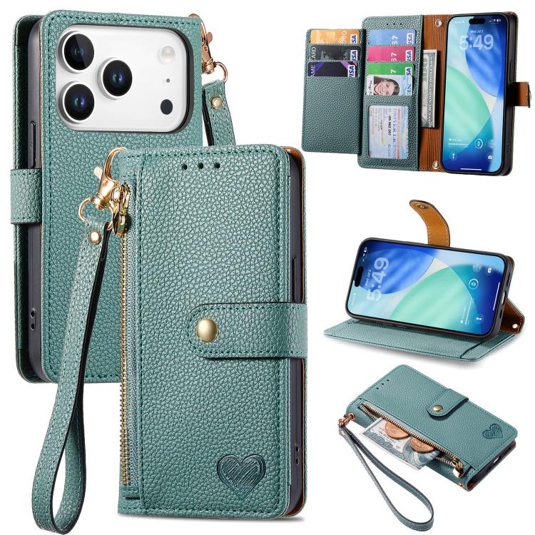 Liebes-Reißverschluss-Lanyard-Leder-Handyhülle, für iPhone 17e / 16e, für iPhone 17 Pro Max, für iPhone 17 Pro, für iPhone 17, für iPhone Air, für iPhone 16 Pro Max, für iPhone 16 Pro, für iPhone 16 Plus