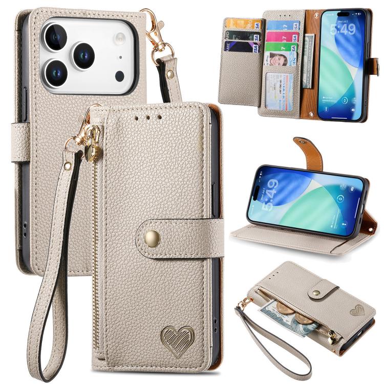 Liebes-Reißverschluss-Lanyard-Leder-Handyhülle, für iPhone 17e / 16e, für iPhone 17 Pro Max, für iPhone 17 Pro, für iPhone 17, für iPhone Air, für iPhone 16 Pro Max, für iPhone 16 Pro, für iPhone 16 Plus
