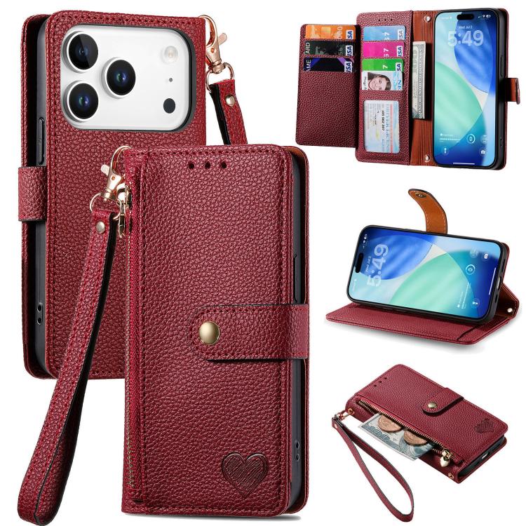 Liebes-Reißverschluss-Lanyard-Leder-Handyhülle, für iPhone 17e / 16e, für iPhone 17 Pro Max, für iPhone 17 Pro, für iPhone 17, für iPhone Air, für iPhone 16 Pro Max, für iPhone 16 Pro, für iPhone 16 Plus